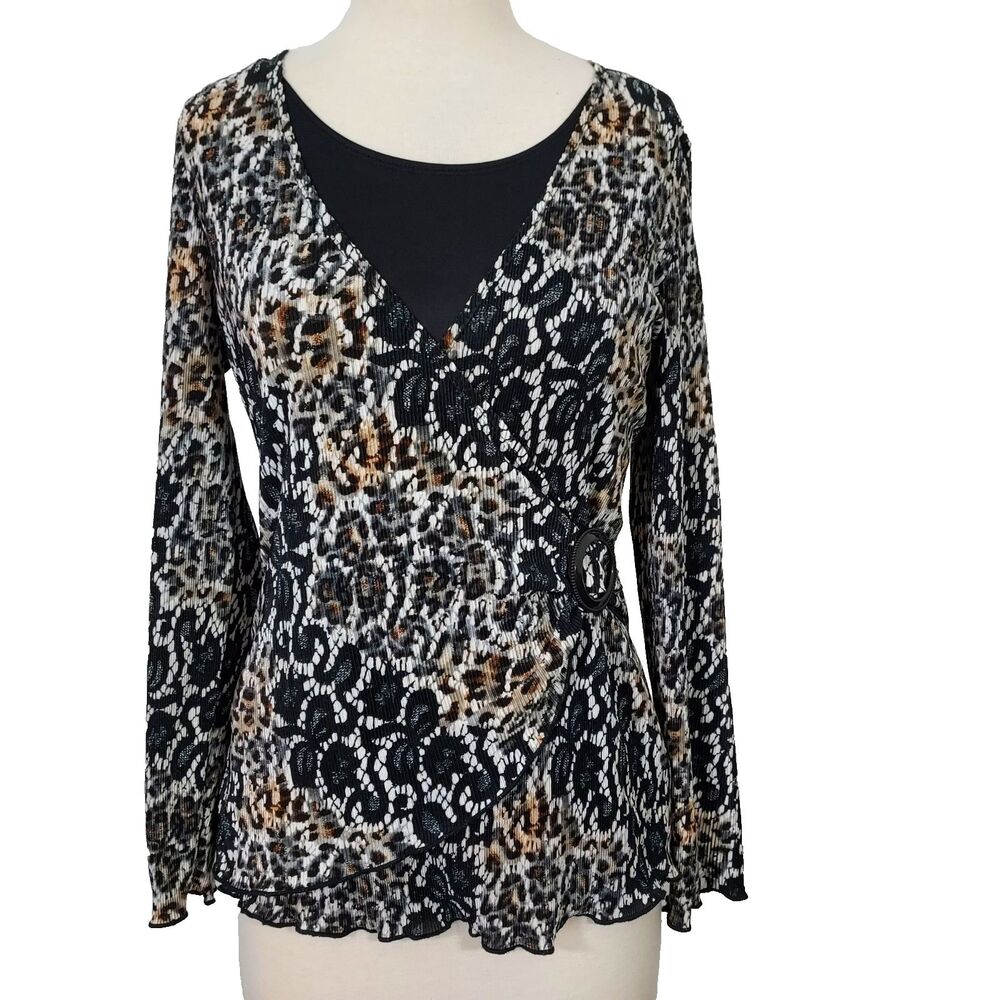 Notations Faux Wrap Shirt Top 2Fer Size Medium Mini Pleat Stretch Floral Animal